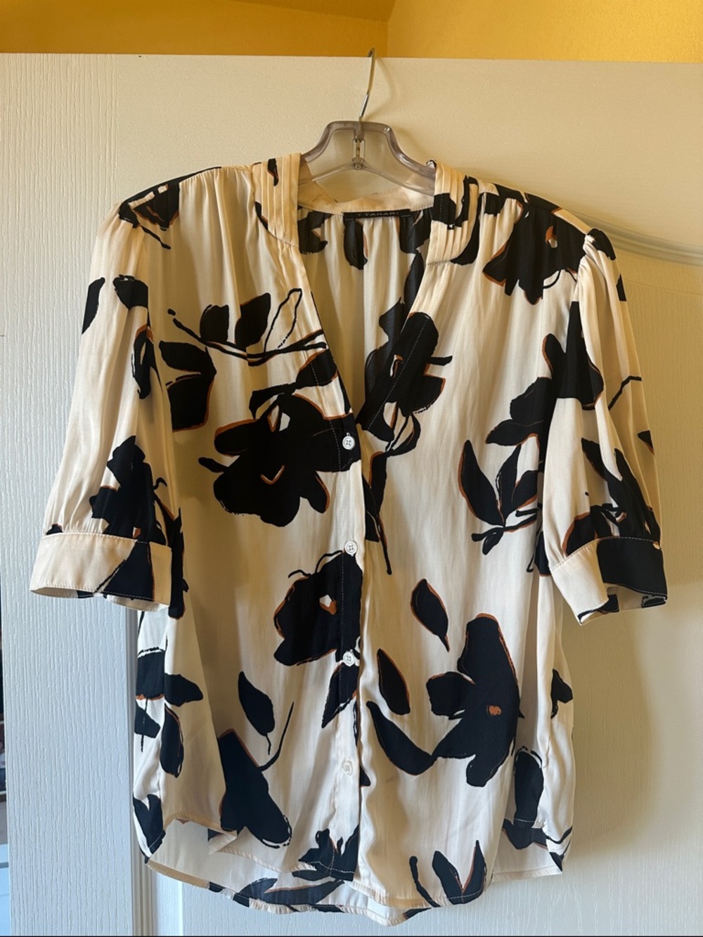 T Tahari Cream Blouse with Black Floral Print size M